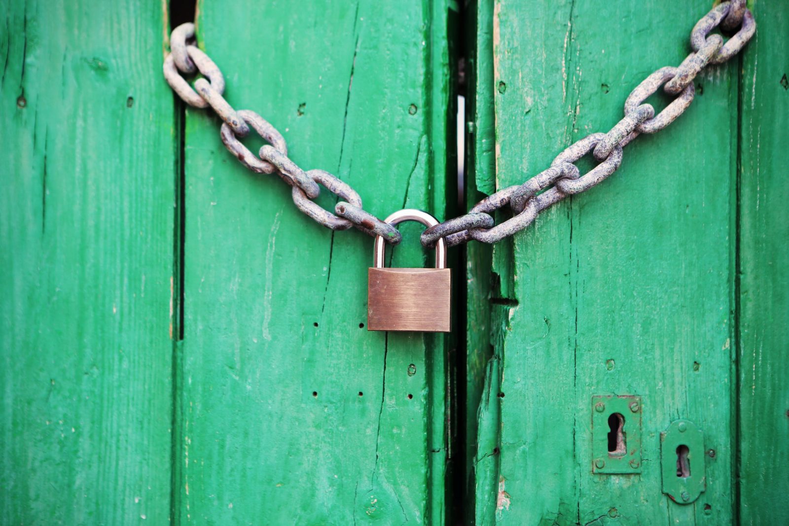  A padlock with a chain on a green door that symbolizes the security that a merchant account provider brings.