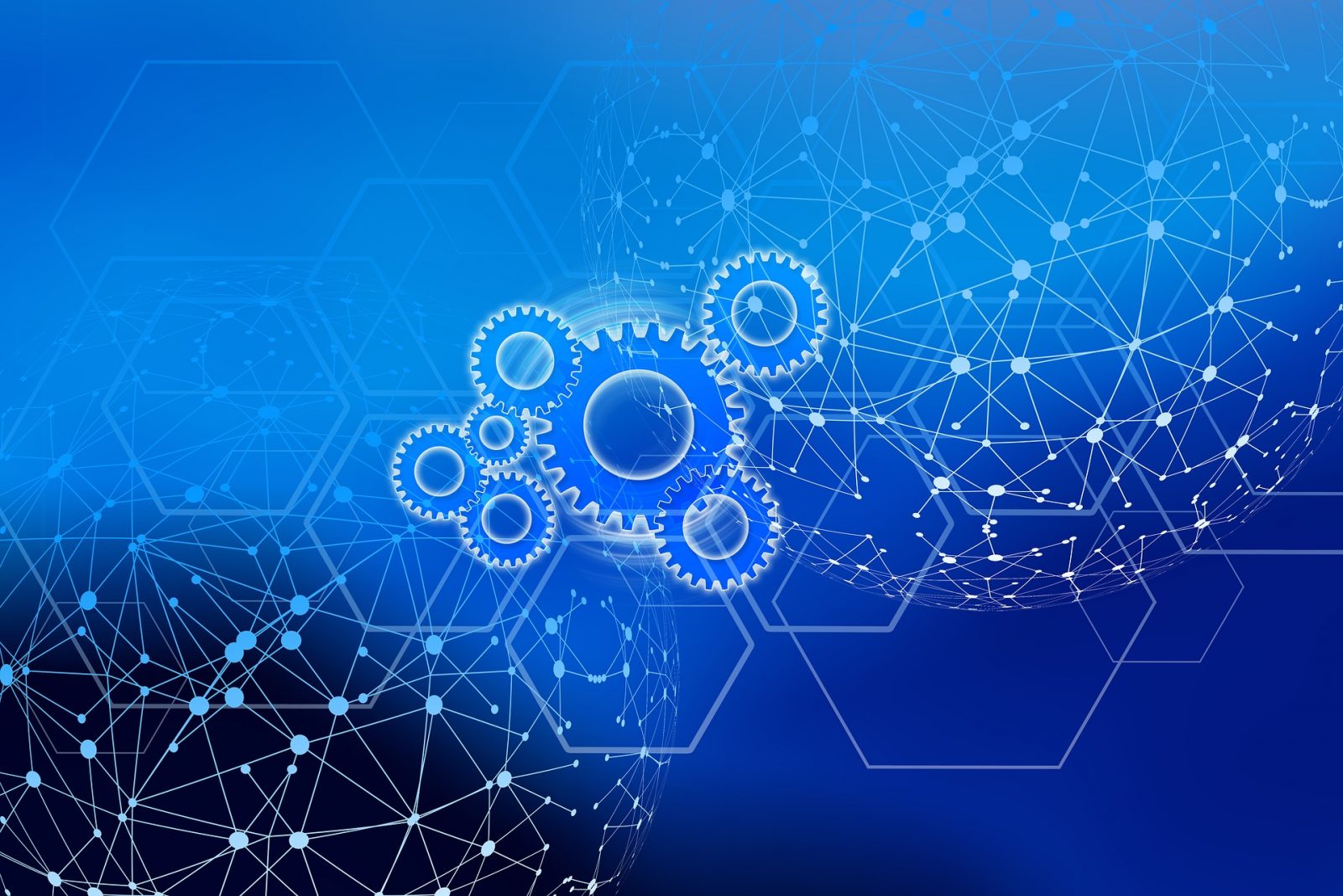 Clock gear over a blue background around globes of webs. Representing the blockchain and financial trade to show Electronic Payment Process