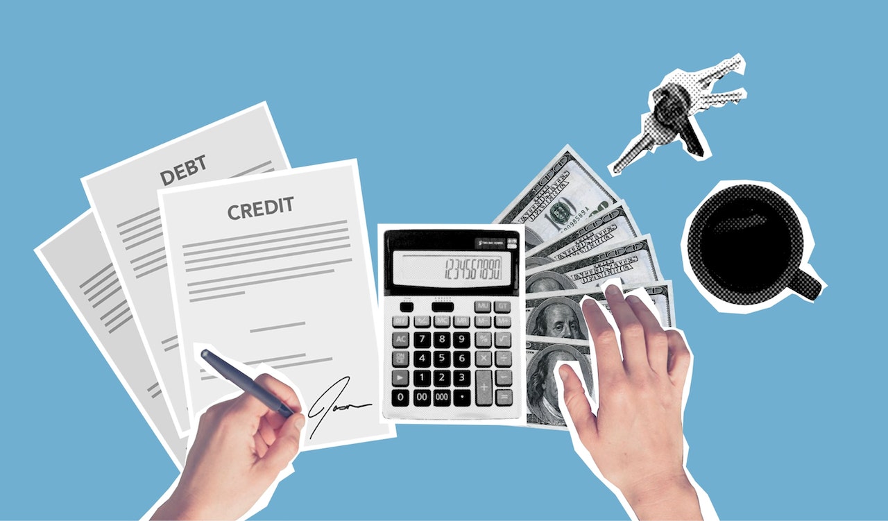 man paying bills with a calculator, money and paper on a table to show Collection Agency Merchant Services