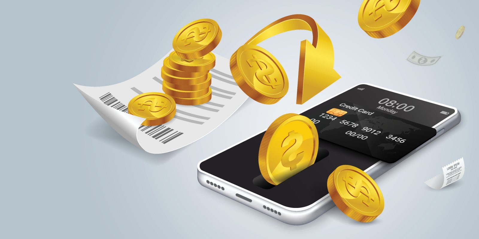payment illustration Mobile money transfer.Coin flow into the smartphone and credit card on top.Paying bills and getting cash back on spending.pile of coins with coins flowing into the phone.