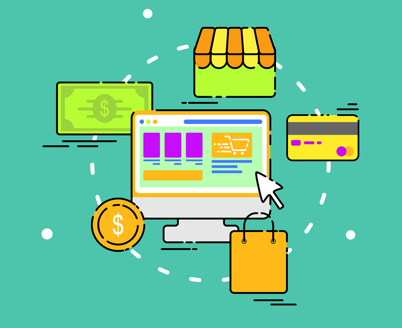 Cartoon computer screen surrounded by dollar bill, coin, shopping bag, storefront, and credit card to symbolize payment gateway