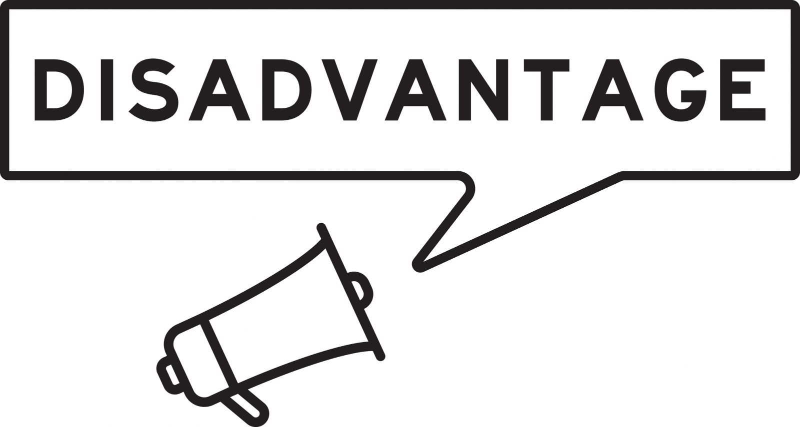 A megaphone with the word disadvantage coming out of it referring to the disadvantages of high-volume merchant accounts and high-volume payment processing.