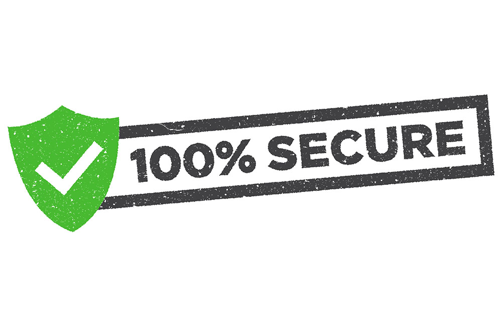 A green secure symbol stamp with the words 100% secure referring to eChecks being safe.