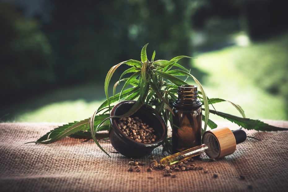 CBD in a bottle in front of a plant to symbolize selling CBD with a CBD payment processor