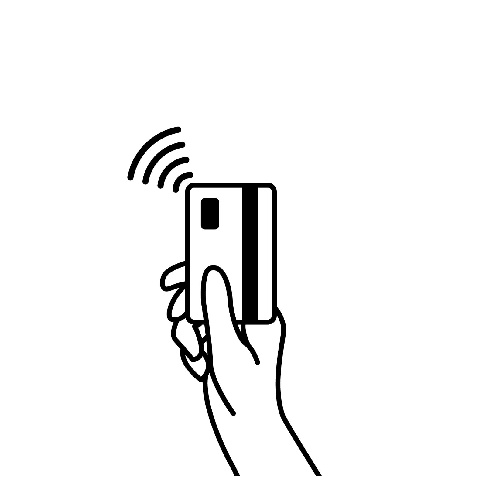 A hand holding a card with a wifi symbol coming out of the card to symbolize contactless payments.
