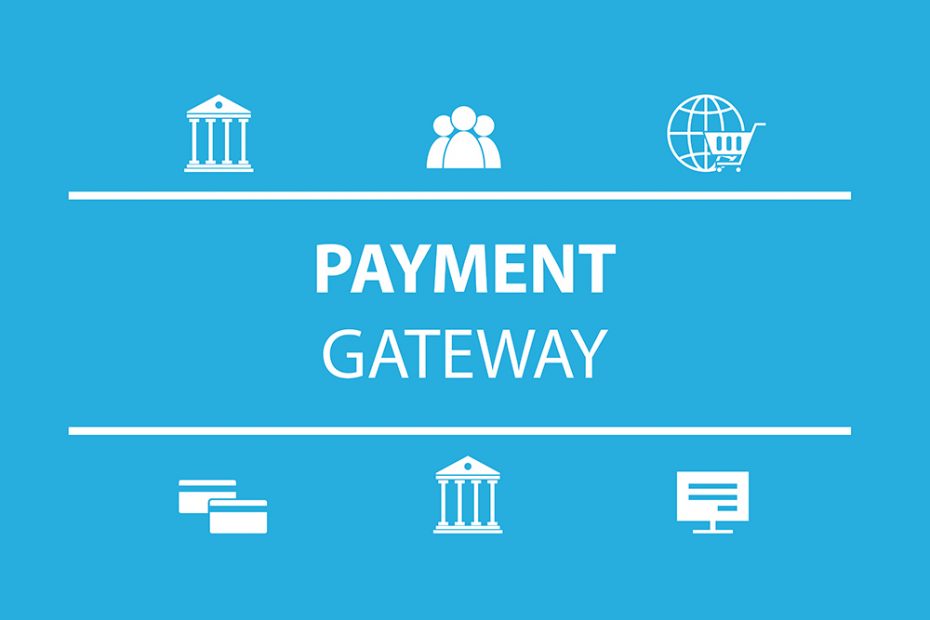 The word payment gateway between two lines with three symbols above it, including a bank, people, and online shopping cart, and three symbols below, including a card symbol, bank, and computer desktop icon.