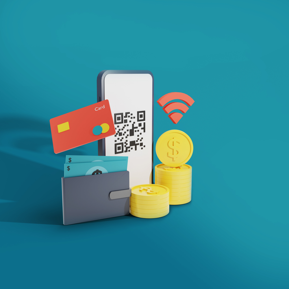 A phone with a QR code, a card, cash coming out of a wallet, and two stacks of coins with a wifi symbol over one of the stacks to symbolize multiple payment methods.