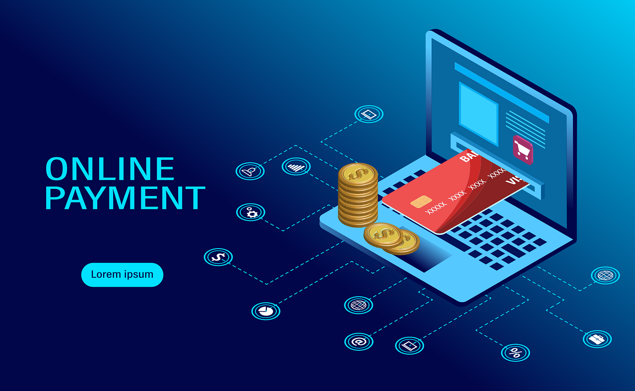 A graphic representing online payment with a laptop, Bitcoin, and a credit or debit card.