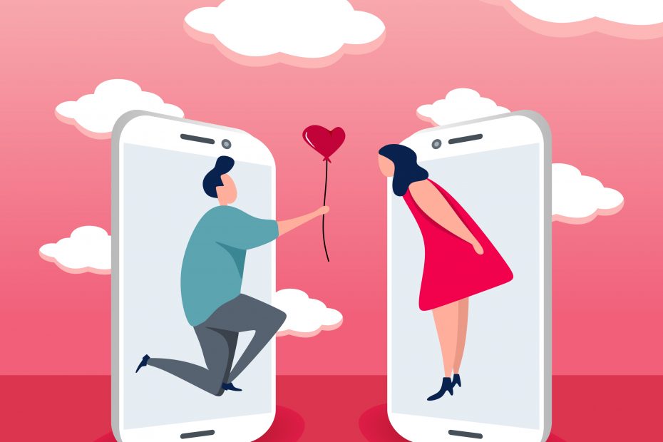 A man and a woman each in one smartphone, with the man holding a heart balloon toward the woman.