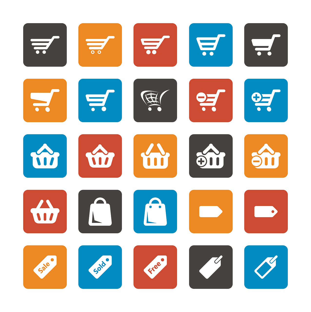 Various icons suggesting “shopping cart” and “add to cart” buttons.