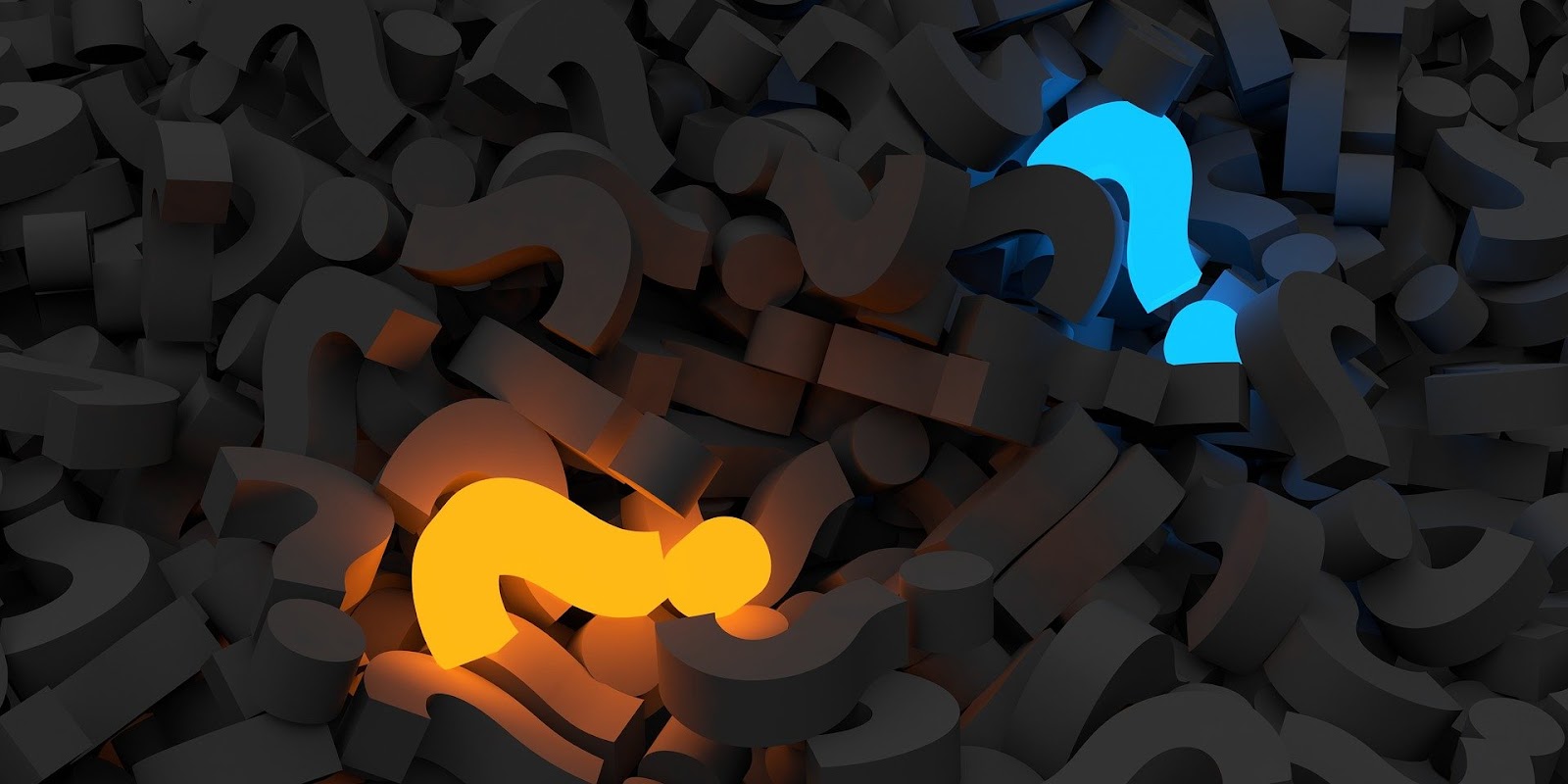 One blue and one orange question mark among several black question marks to symbolize differences between traditional and high risk merchant account