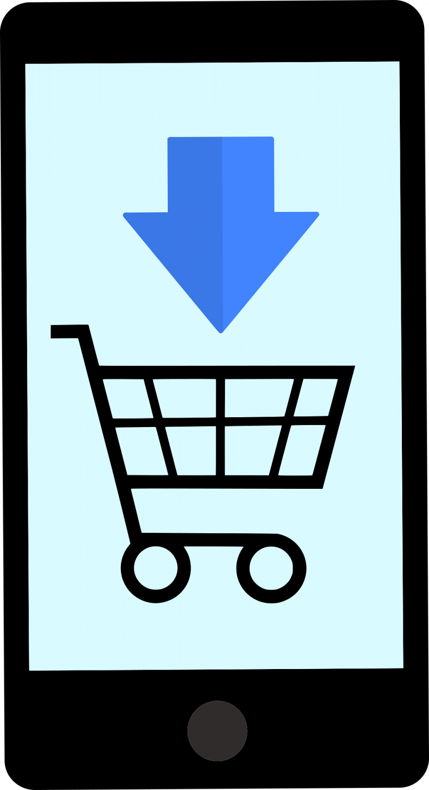 A graphic of a smartphone with a shopping cart icon suggesting online shopping