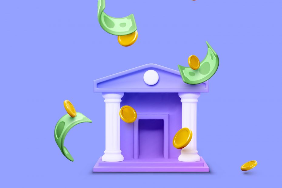 An animated bank with cash and coins falling around it.
