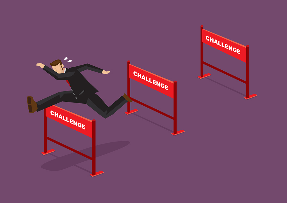 Businessman jumping over series of hurdles with text Challenge on them. Vector cartoon illustration for concept on overcoming challenges.