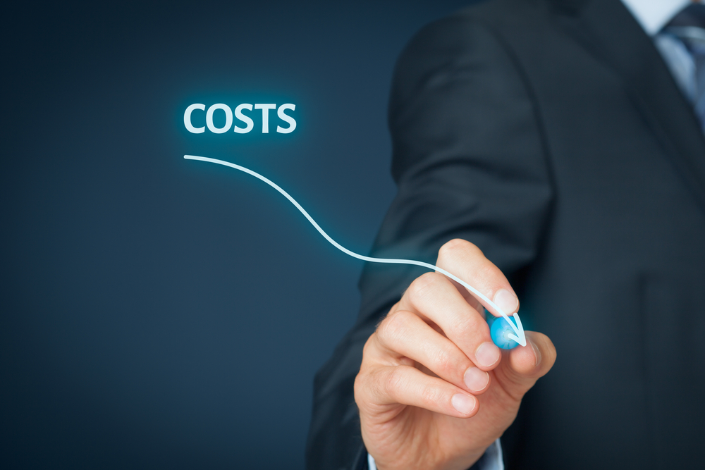 The word costs in blue with a person in a business suit drawing a blue line with an arrow downward.