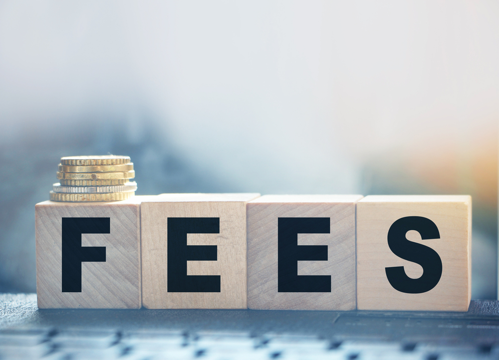 Wooden blocks spelling out the word fees with some coins on top of the F block